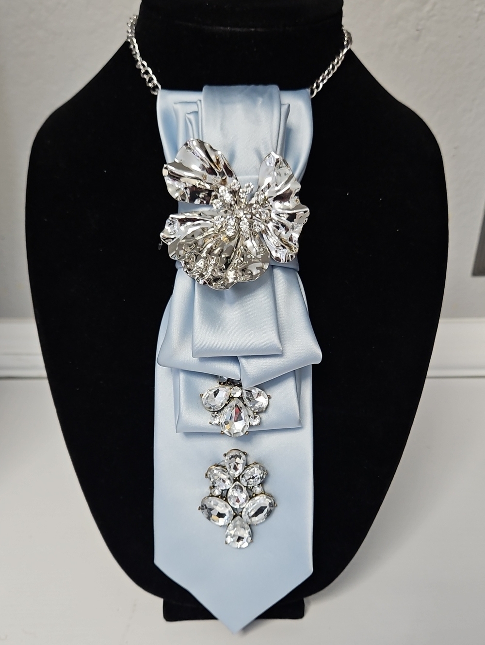 Upcycled Light Blue Necktie Necklace with Crystal and Silver-tone Accents